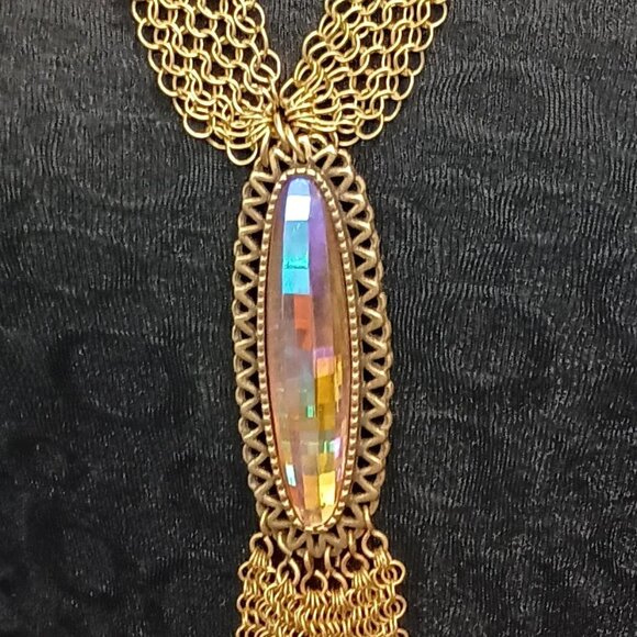 Ferrara Whiting and Davis Antique Brass Plated Ring Mesh with Crystal Cabochon - Picture 3 of 4